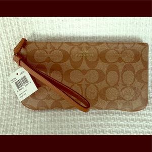 COACH Signature Wristlet in Khaki/Saddle F65748